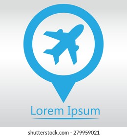 Airplane sign. Plane symbol. Travel icon. Flight flat label.  icon map pin.