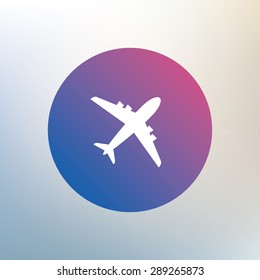 Airplane sign. Plane symbol. Travel icon. Flight flat label. Icon on blurred background. Vector
