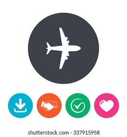 Airplane sign. Plane symbol. Travel icon. Flight flat label. Download arrow, handshake, tick and heart. Flat circle buttons.