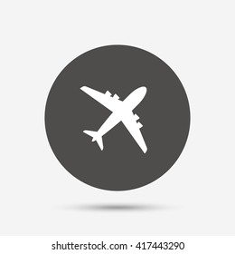 Airplane sign. Plane symbol. Travel icon. Flight flat label. Gray circle button with icon. Vector