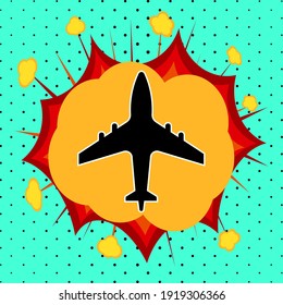 Airplane sign, pop art explosion, vector illustration