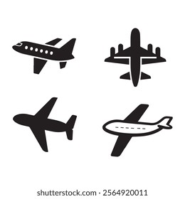  An airplane sign vector icon set representing flight and travel, including symbols of aircraft, aviation tools, and elements of air transportation for navigation, safety, and global connectivity.