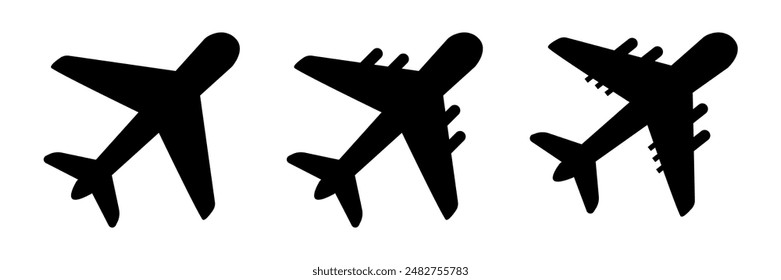 Airplane sign vector illustration, Plane icon vector for web and mobile app, Flight transport symbol. Travel sign. Aeroplane clipart, Plane icon set isolated. Plane icon black, Fly symbol isolated.