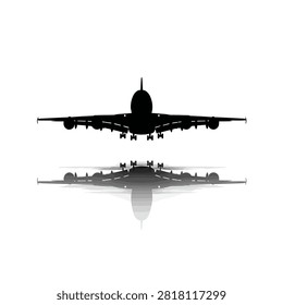 An airplane silhouette is captured mid-flight, showcasing a dark form against a bright, reflective surface. The image highlights the aircraft's shape and the mirrored effect. It may be suitable for aviation-themed projects, travel publications, or design elements, offering a clean and modern aesthetic.