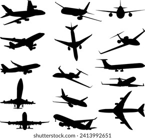 airplane silhouette, collection on white background vector