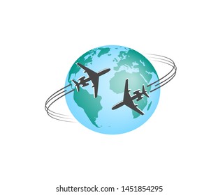 Airplane. Silhouette of flying messages around colored globe. Rounded airplane trail. Vector illustration.