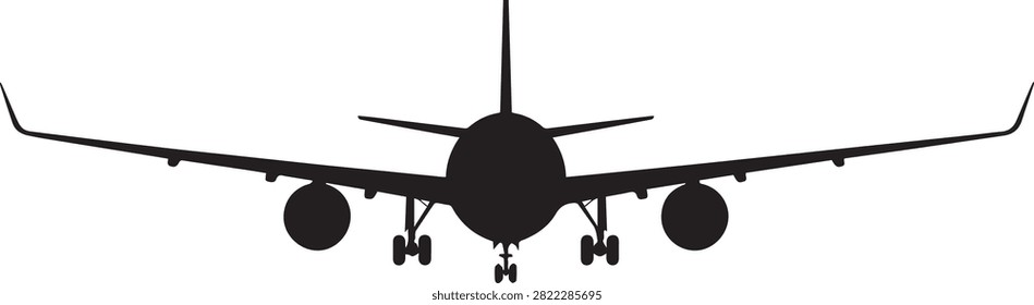 airplane silhouette front view with landing gear and wings spread