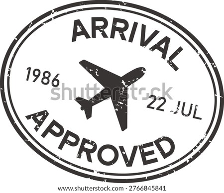 Airplane silhouette inside oval passport stamp with arrival and approved text, date marks, and worn texture. Symbol of travel, entry, and permission, conveying journey. Cartoon vector illustration.