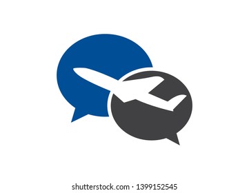 Airplane silhouette inside two overlapping speech bubbles representing communication and travel