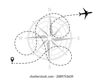 Airplane silhouette. Line of the aircraft route. Rose wind. Tourism and travel. Vector illustration.