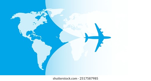 An Airplane Silhouette Opens Up the Translucent Cover Background Over the Map of the World. Banner for Trip to Abroad or Vacations, Discovering Travel Around the World Concept