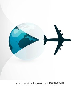 Uma silhueta de avião abre o fundo translúcido da tampa sobre um globo terrestre. Banner para Viagem ao Exterior ou Férias, Descobrindo o Conceito de Viagem ao Redor do Mundo