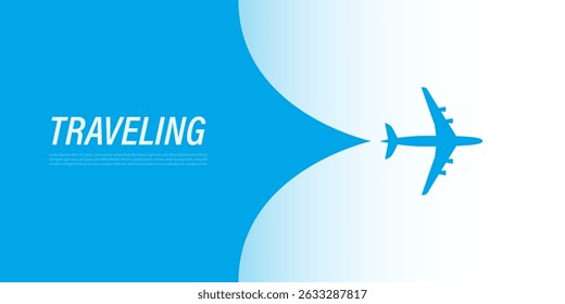 An Airplane Silhouette Opens Up the Translucent Cover Background Over the Text: Traveling. Blue Template Banner for Trip to Abroad or Vacation Web Ads. Discovering Around the World Travel Concept