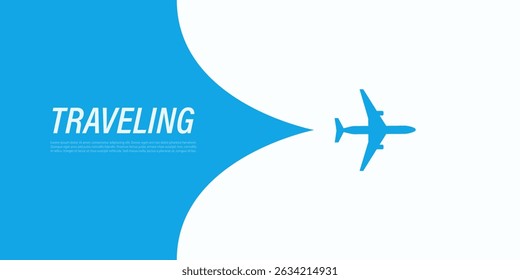 An Airplane Silhouette Opens Up the Translucent Cover Background Over the Text: Traveling. Blue Template Banner for Trip to Abroad or Vacation Web Ads. Discovering Around the World Travel Concept
