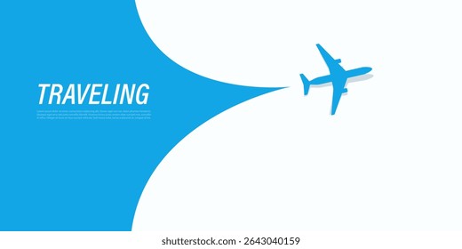 An Airplane Silhouette Opens Up the Translucent Cover Background Over the Text: Traveling. Blue Template Banner for Trip to Abroad or Vacation Web Ads. Discovering Around the World Travel Concept