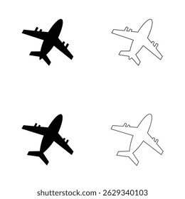 Airplane silhouette and outline vector set showing top view aircraft in black and white design for graphic use

