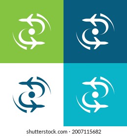 Airplane Silhouette In Rotation Flat four color minimal icon set