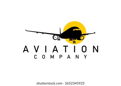 Airplane silhouette set against a yellow sun logo design. Aviation and travel vector illustration