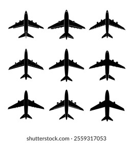 Airplane silhouette set of six airplanes on white background