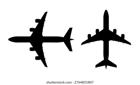 Airplane silhouette set top and side view isolated vector style. Set of airplane silhouettes showing top and side views of a commercial aircraft isolated on a clean background.