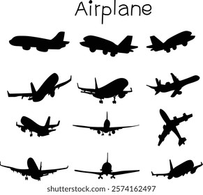 Airplane silhouette set vector illustration. Good for banner, poster, greeting card, party card, invitation, template, advertising, campaign, and social media.