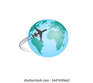 Airplane. Silhouette soaring around the colored globe. Rounded airplane trail. Vector illustration.