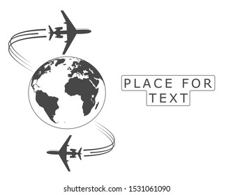 Airplane. Silhouette soaring around the globe. A twisting plane trail. Illustration with space for text. Vector monochrome style.
