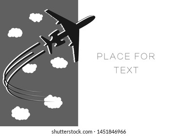 Airplane. Silhouette taking off. A twisting plane trail. Illustration with space for text. Vector monochrome style.