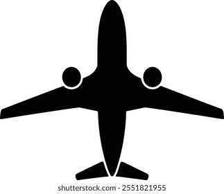 
Airplane silhouette top view vector illustration. Black airplane icon isolated on white background.