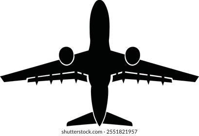 
Airplane silhouette top view vector illustration. Black airplane icon isolated on white background.