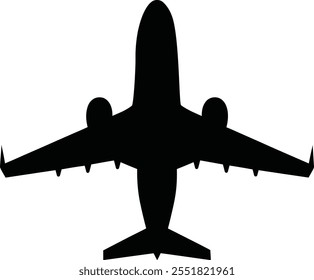 
Airplane silhouette top view vector illustration. Black airplane icon isolated on white background.