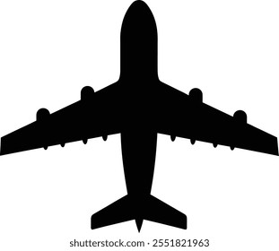 
Airplane silhouette top view vector illustration. Black airplane icon isolated on white background.