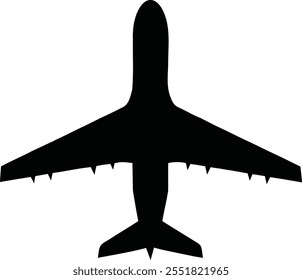 
Airplane silhouette top view vector illustration. Black airplane icon isolated on white background.