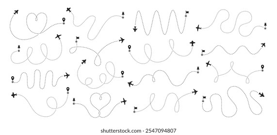 Airplane silhouette and transportation routes traffic dashed line different shape and forms monochrome set. Plane flight, travel way aircraft tracking and location flags pin mark vector illustration