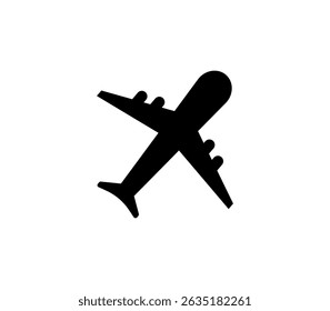 Airplane silhouette vector icon isolated on a white background, flat black aircraft symbol for travel apps, airline services, flight booking, aviation design, transport, and tourism graphics.