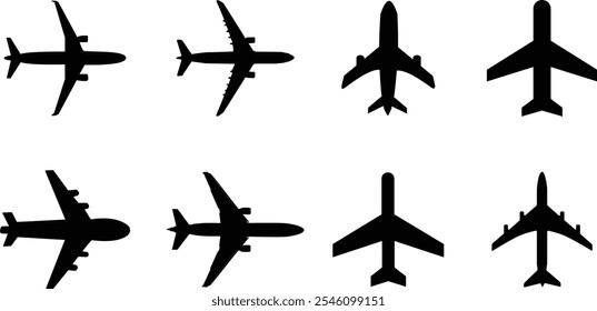 Airplane silhouette vector icon set, Black airplane logo silhouette