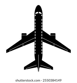 Airplane Silhouette Vector Illustration. A vector illustration of a black airplane silhouette viewed from above. The design shows the plane's body, wings, and tail fins.