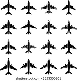 airplane, silhouette, vector, illustration, icon, air, travel, transportation, flight, plane, aircraft, fly, aviation, business, transport, sky, jet, design, symbol, set, airline, background, black,