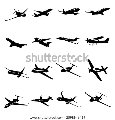 Airplane silhouette Vector illustration. plane silhouette on a white background. Set of black plane silhouette icon. Silhouettes of Airplanes Vector
