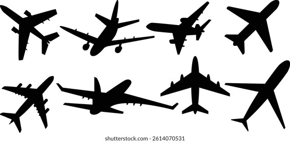 Airplane silhouette vector set featuring modern passenger jets in different angles. Clean black flat design perfect for aviation, travel, airport graphics, logistics branding, icons, posters and transportation themes.