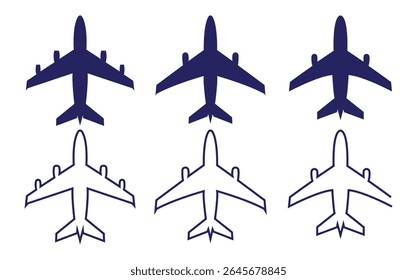 Silhuetas do avião em variações escuras e claras contrastantes.Ícones azuis e brancos do avião isolados no fundo branco