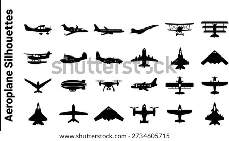 Airplane silhouettes icons vector set in black style, including passenger jets, fighter jets, biplane, seaplane, stealth bomber, propeller plane, cargo plane and drone like shapes, ideal for aviation posters, travel brochures, infographics and logos.