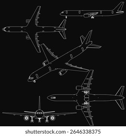 Airplane silhouettes outlined in white against a black background, showcasing a sleek and modern design. The crisp contrast highlights the distinct shapes of each aircraft