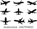 Airplane silhouettes set, Black airplane silhouettes, Set of black plane silhouette icon, Black airplane icon collection, flying