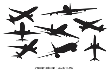 Airplane silhouettes set with various aircraft flying and landing in vector style