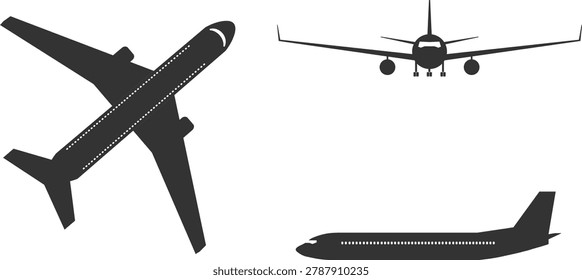 Airplane silhouettes vector icons set with top front and side view isolated on white