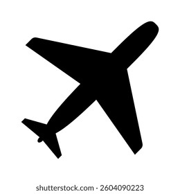Airplane simple black icon, plane flying sign, aircraft silhouette. Flight transport sign, Travel and holiday symbol. Aviation flat icon isolated on transparent background, vector illustration.