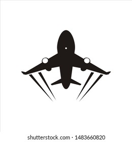 Airplane simple icon in black and white. Perspective and bottom view with motion illustration. 
