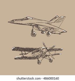 Airplane sketch. Hand drawn illustration for your design: tickets, t-shirt