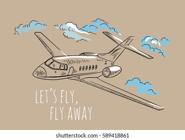 Airplane sketch. Hand drawn illustration for your design: tickets, t-shirt. 